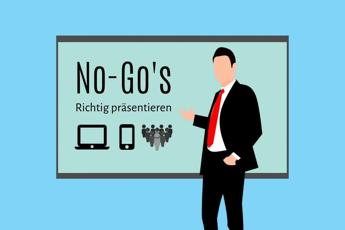 Online-Vertriebsberatung | Ein Mann steht vor einer Leinwand auf die er zeigt. Der Mann hält sinnbildich eine Verkaufspräsentation in dem er über das Thema „No-Go's - Richtig präsentieren“ ab.
